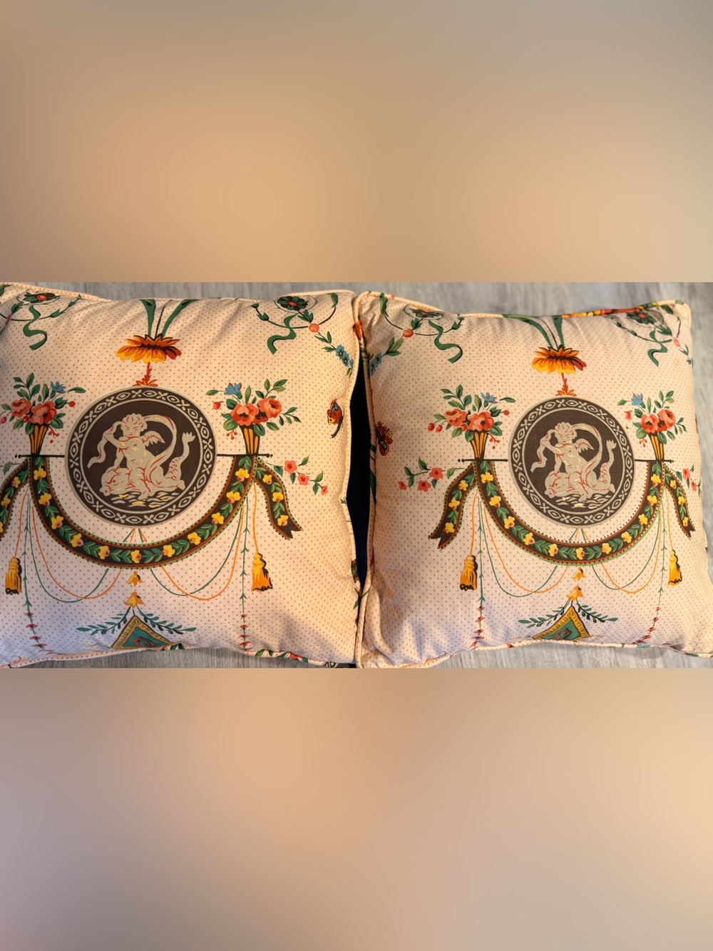 Set of 2 Vintage Neoclassical Medallion Pillows Classical Cherub on Dolphin